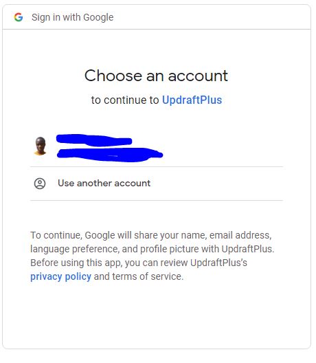 UpdraftPlus Gmail login request for configuration