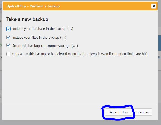 UpdraftPlus manual backup file option