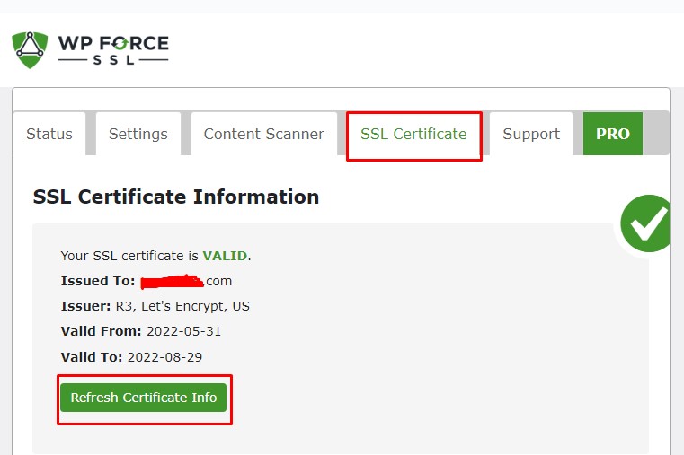 confirming SSL certificate installation using wp force plugin
