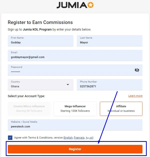 jumia affiliate registration form