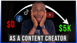 A surprised young man holding his face, with an upward arrow showing progress from $0 to $5K, along with social media icons for Facebook, TikTok, and YouTube. The text overlay reads 'AS A CONTENT CREATOR' indicating growth in earnings through content creation.